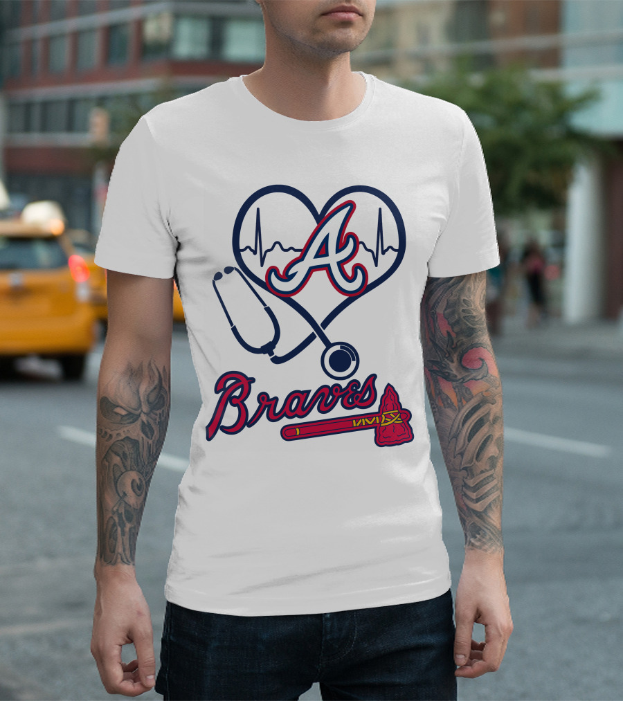 Nurse Heartbeat Stethoscope Atlanta Braves T-Shirt