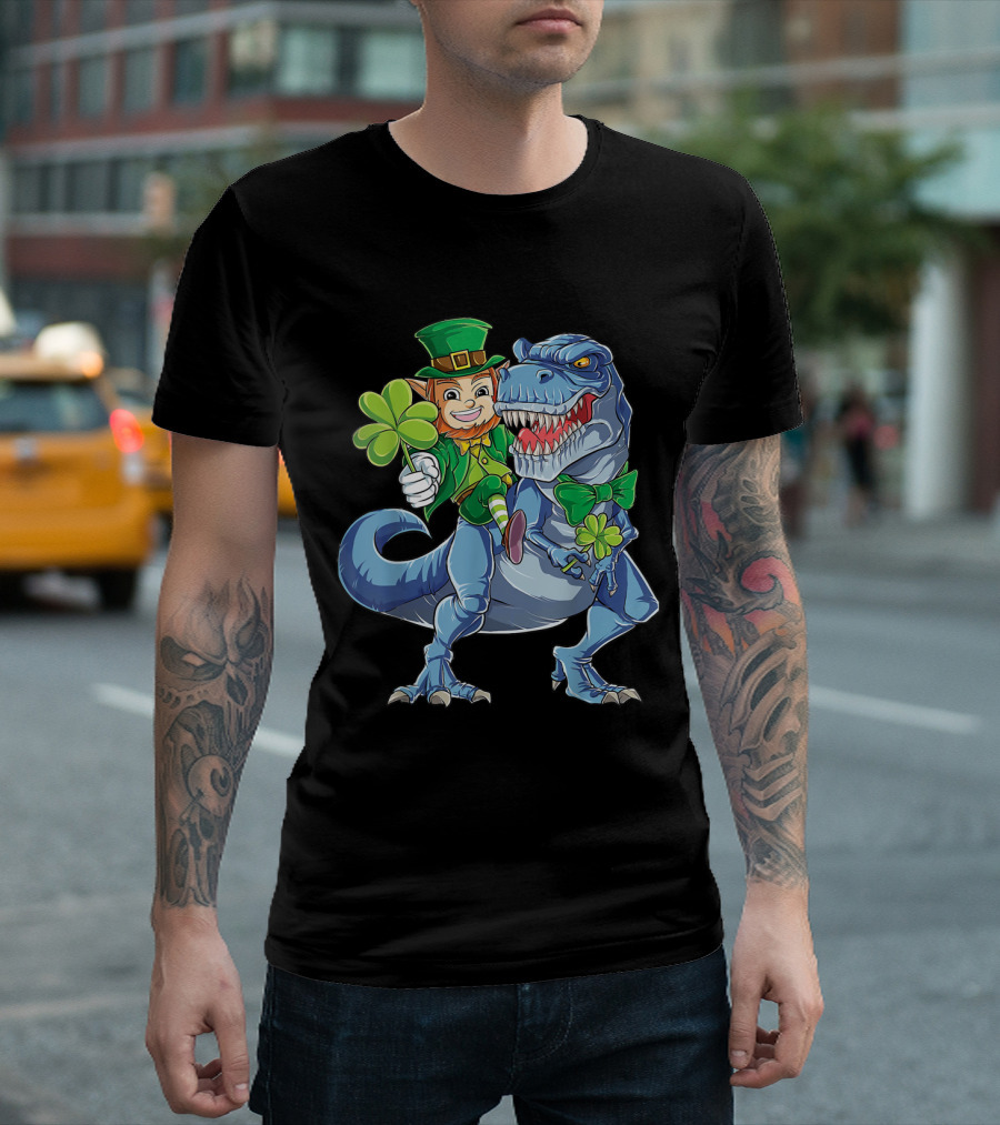 Leprechaun with Shamrock Riding Dinosaur Rex on St. Patrick's Day T-Shirt