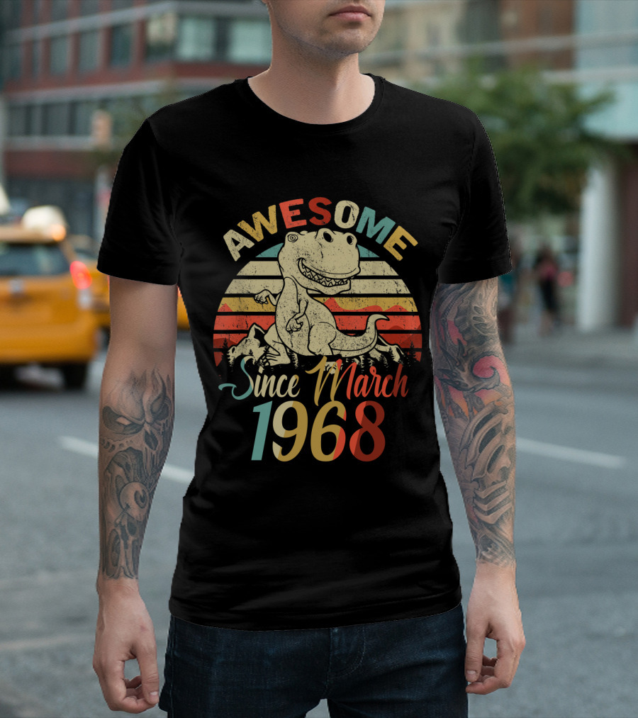 Awesome Since March 1968 Vintage Dinosaur Retro Stripes T-Shirt