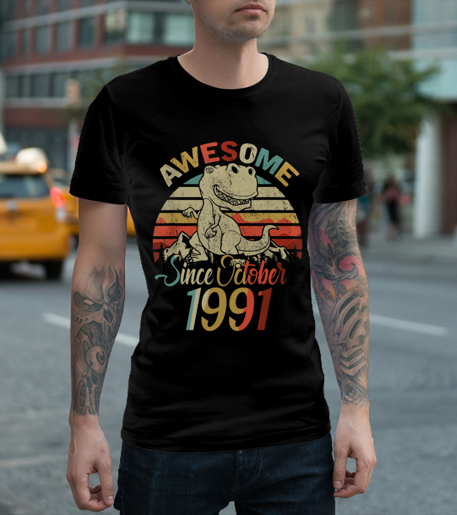 Awesome Since October Vintage 1991 Dinosaur Retro Stripes T-Shirt
