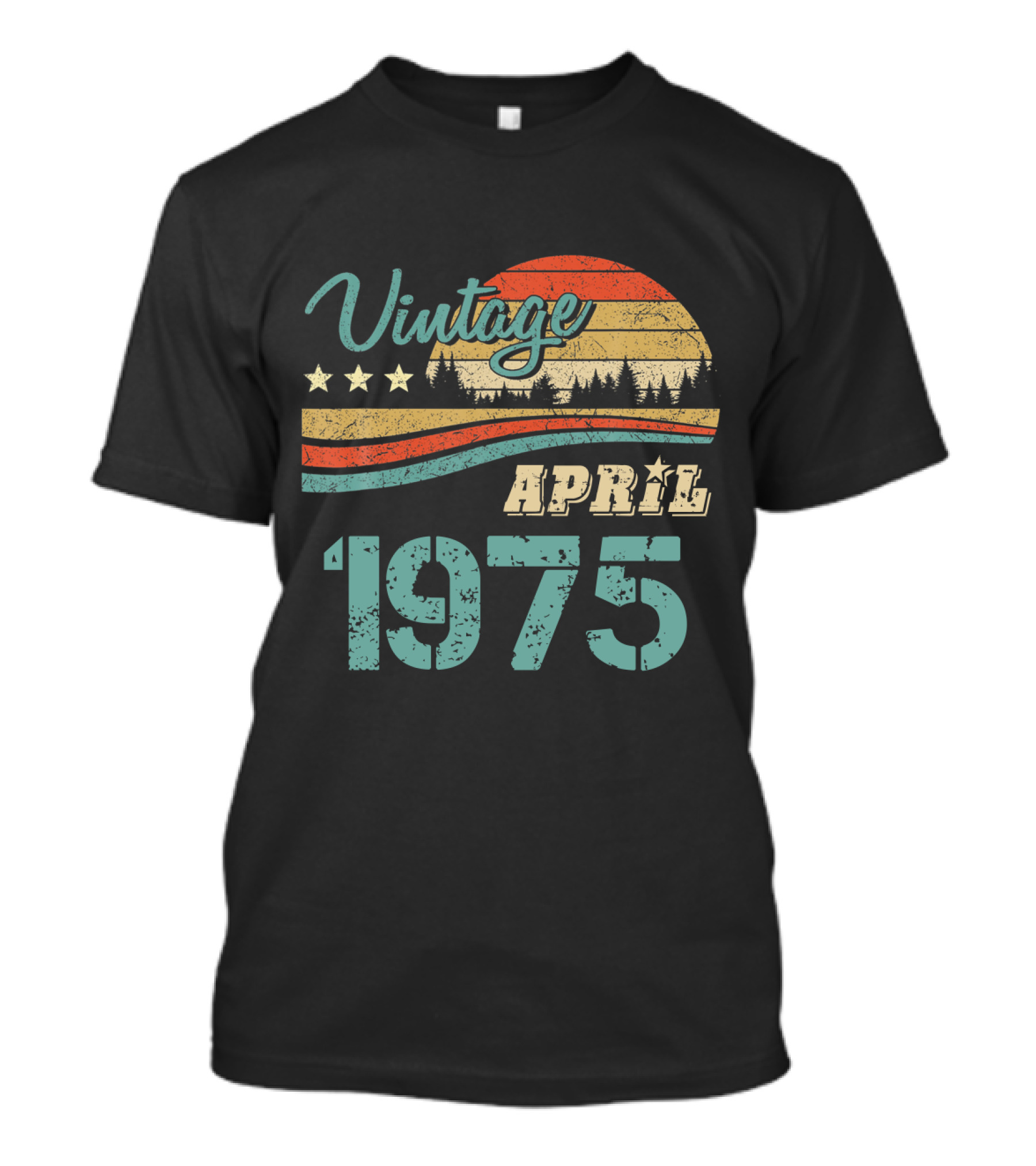 Vintage 1975 April Retro Sunset Stars Forest T-Shirt