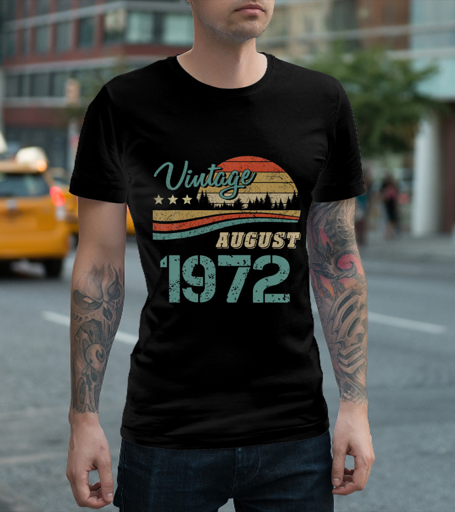 Vintage August 1972 Retro Sunset Forest Stars T-Shirt