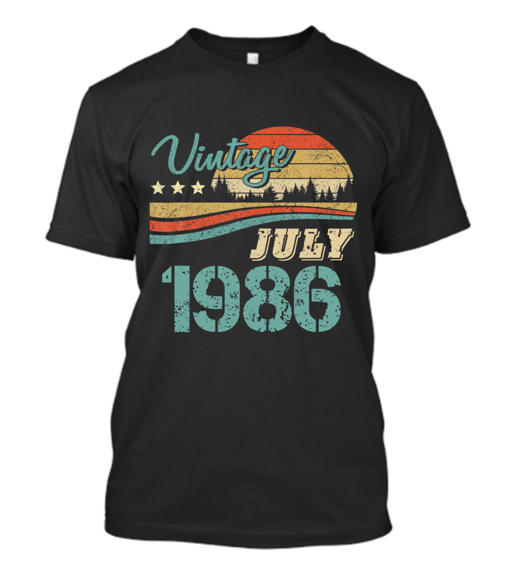Vintage July 1986 Retro Sunset Forest Stars T-Shirt