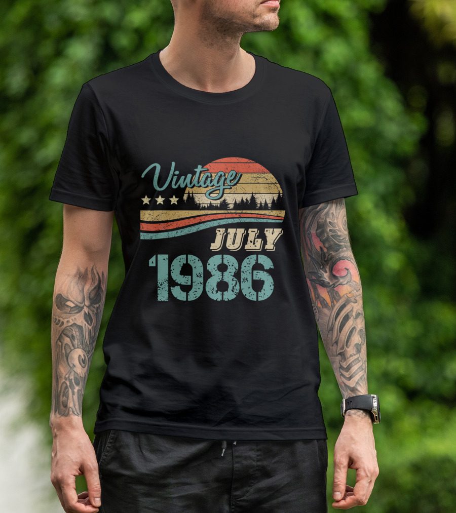 Vintage July 1986 Retro Sunset Forest Stars T-Shirt