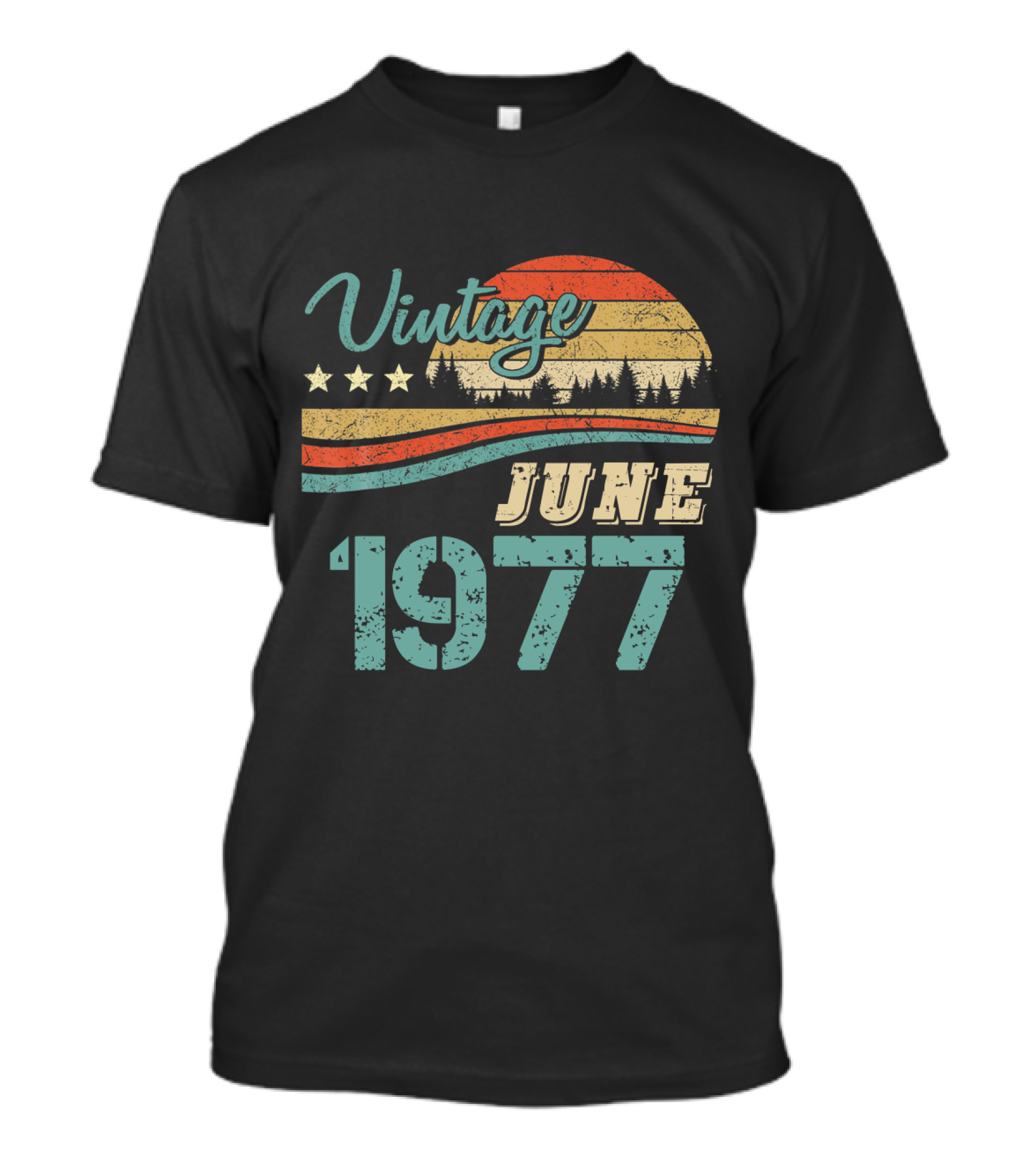 Vintage June 1977 Sunset Retro Stars Forest T-Shirt