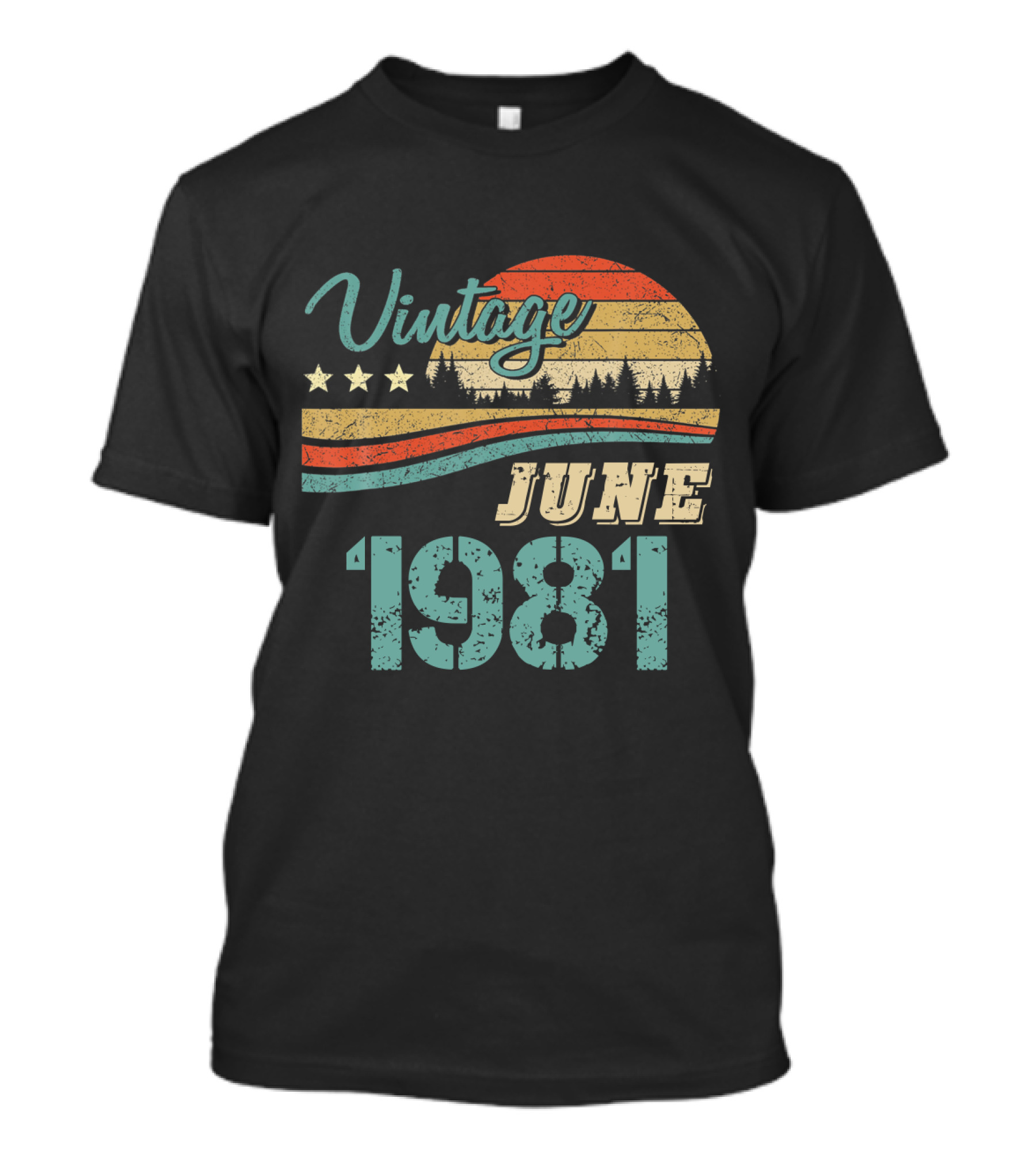 Vintage June 1981 Retro Sunset Forest Stars T-Shirt