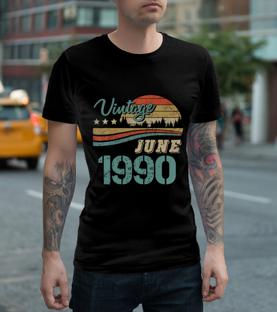Vintage June 1990 Retro Sunset Forest Stars T-Shirt