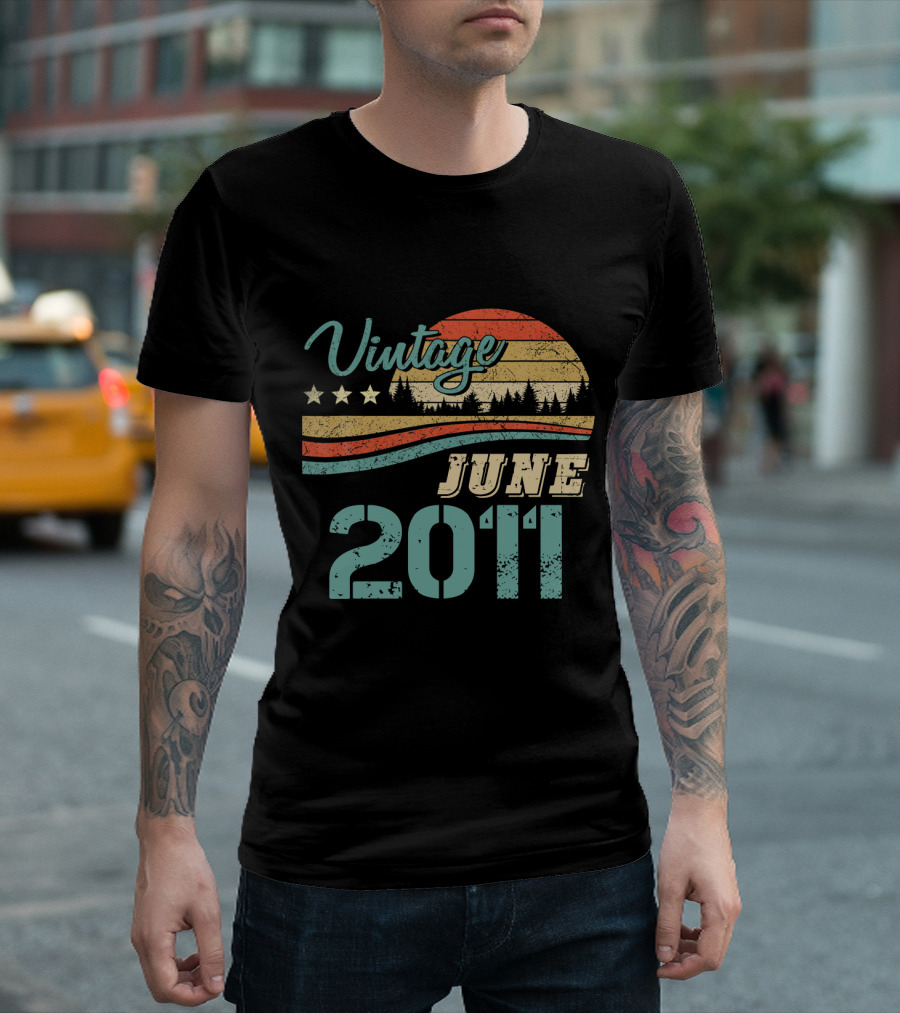 Vintage June 2011 Retro Sunset Forest Birthday T-Shirt