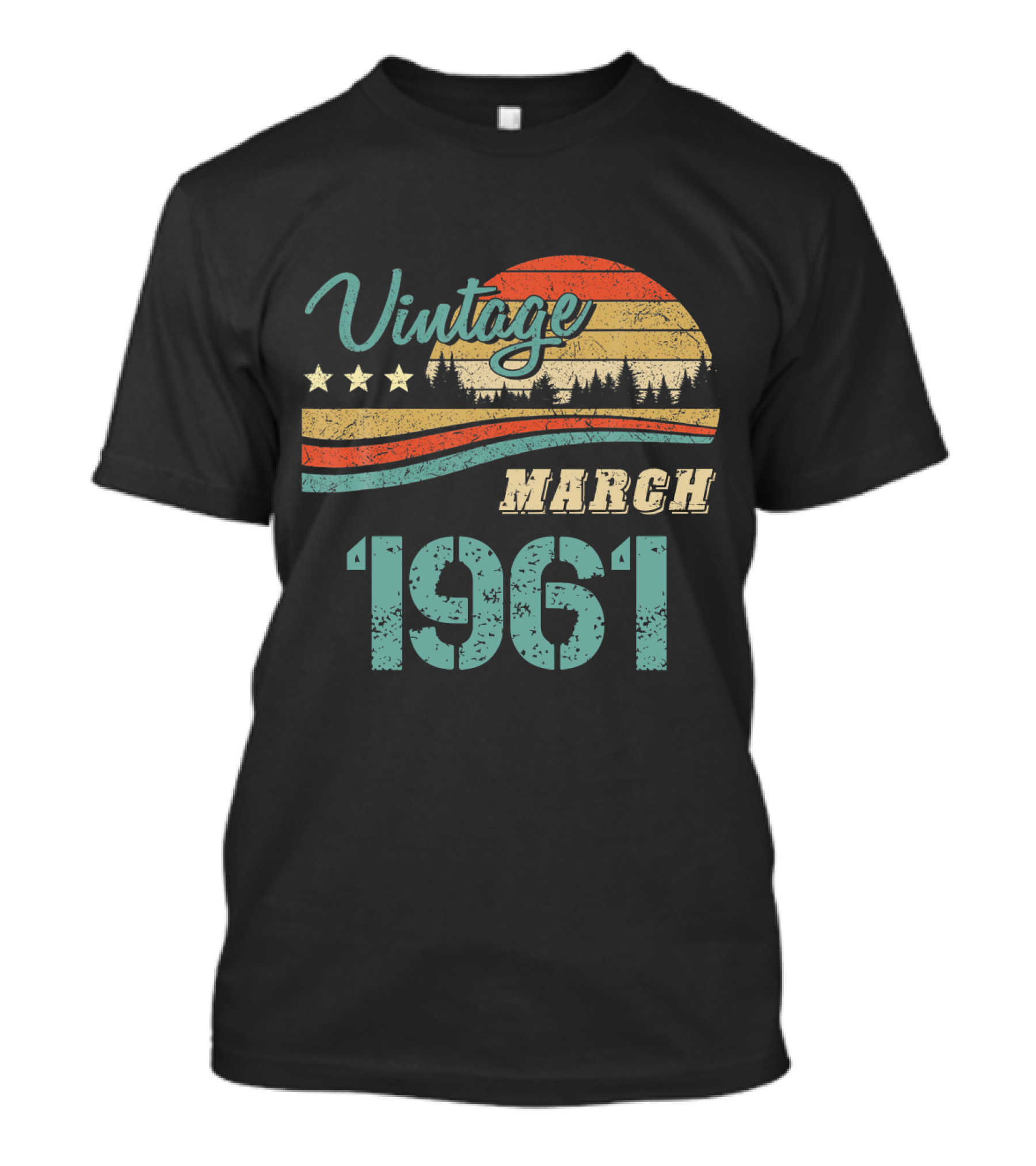 Vintage March 1961 Retro Moon Stars Trees T-Shirt