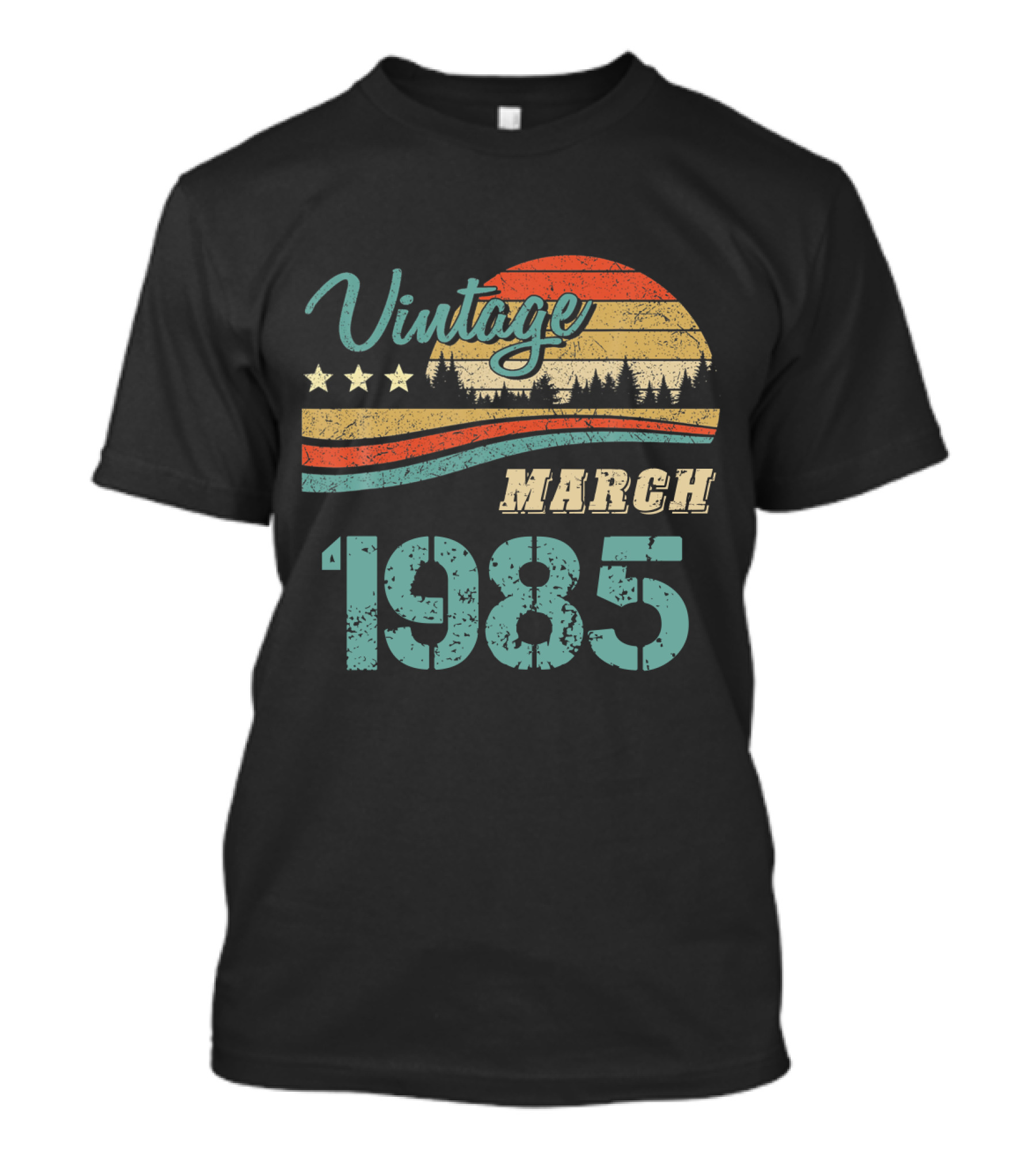 Vintage March 1985 Retro Sunset Forest Stars T-Shirt