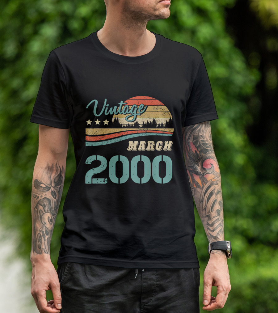 Vintage March 2000 Retro Sunset Forest And Stars T-Shirt