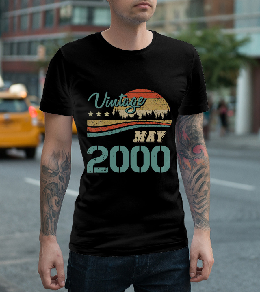Vintage May Birthday 2000 Stars Sunset Forest Retro T-Shirt