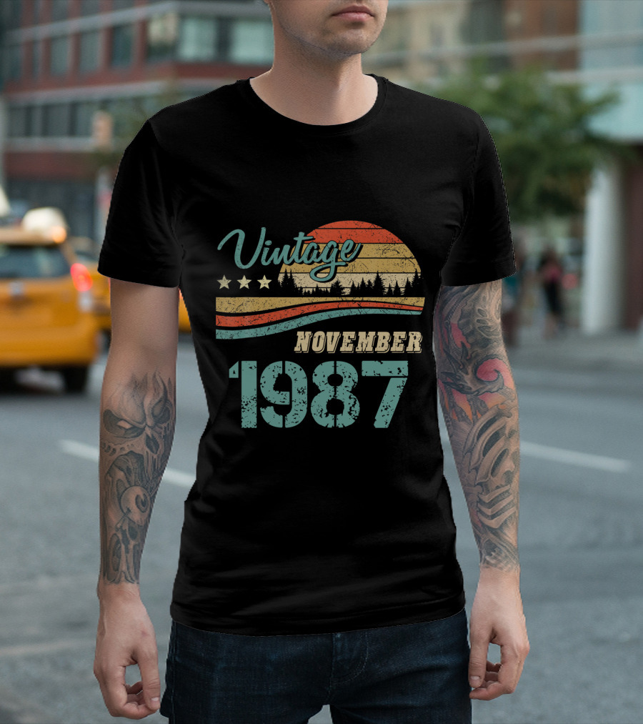 Vintage November 1987 Retro Sunset Forest Scene T-Shirt