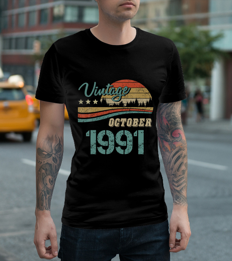Vintage October 1991 Retro Sunset Forest Scene T-Shirt
