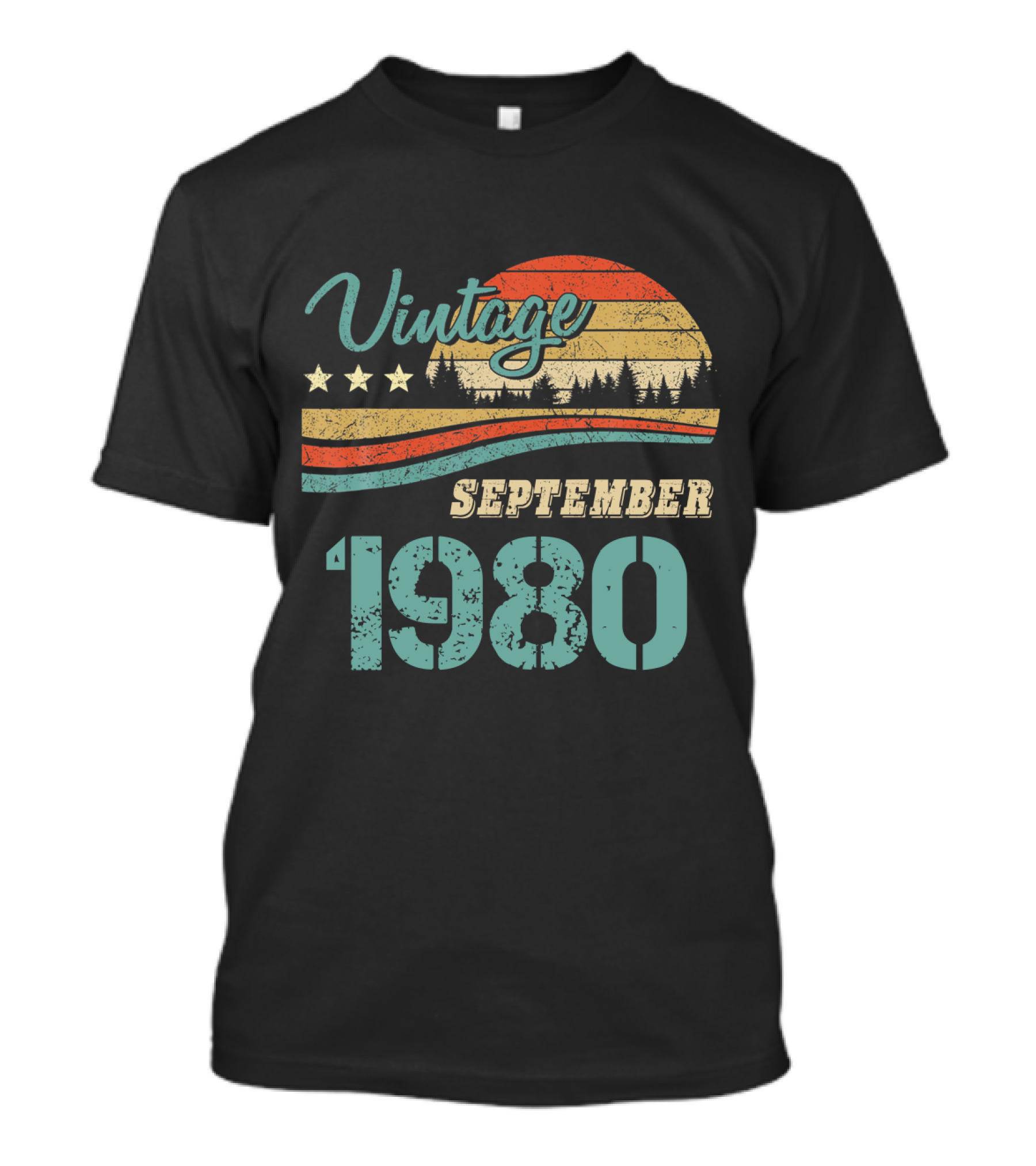 Vintage September 1980 Retro Sunset Forest Theme Birthday T-Shirt