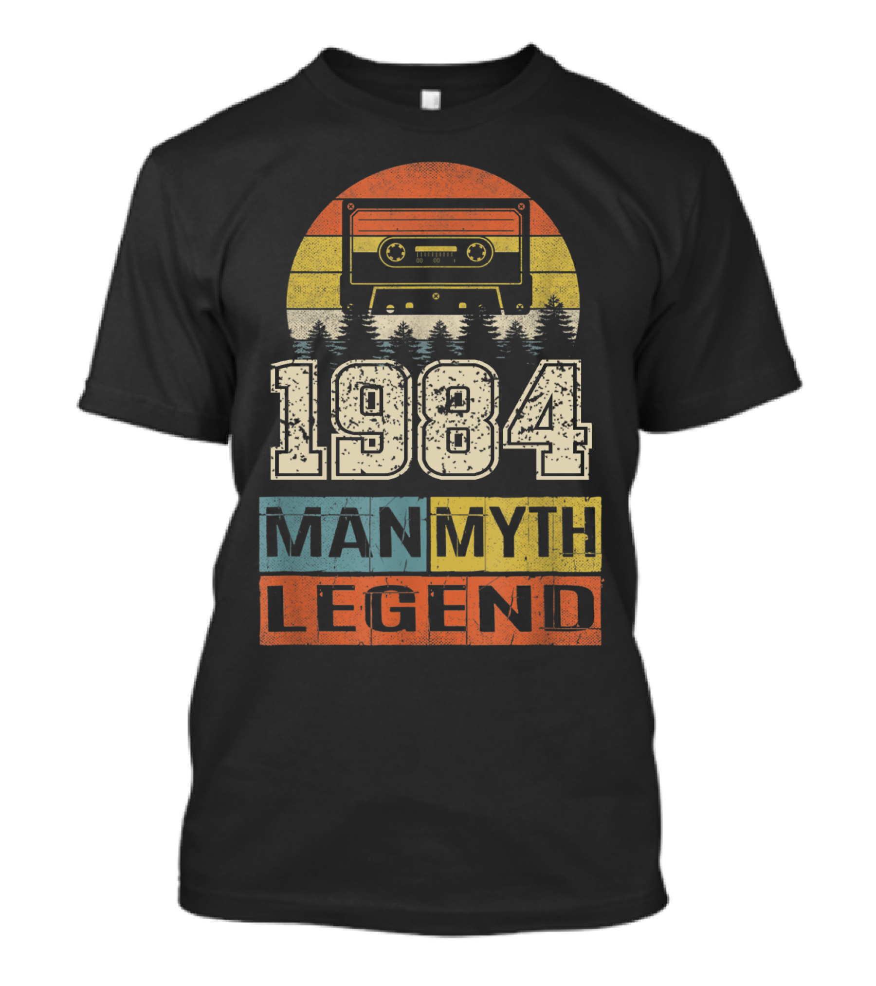 1984 Vintage Man Myth Legend Cassette Forest Sunset Stripes Retro T-Shirt