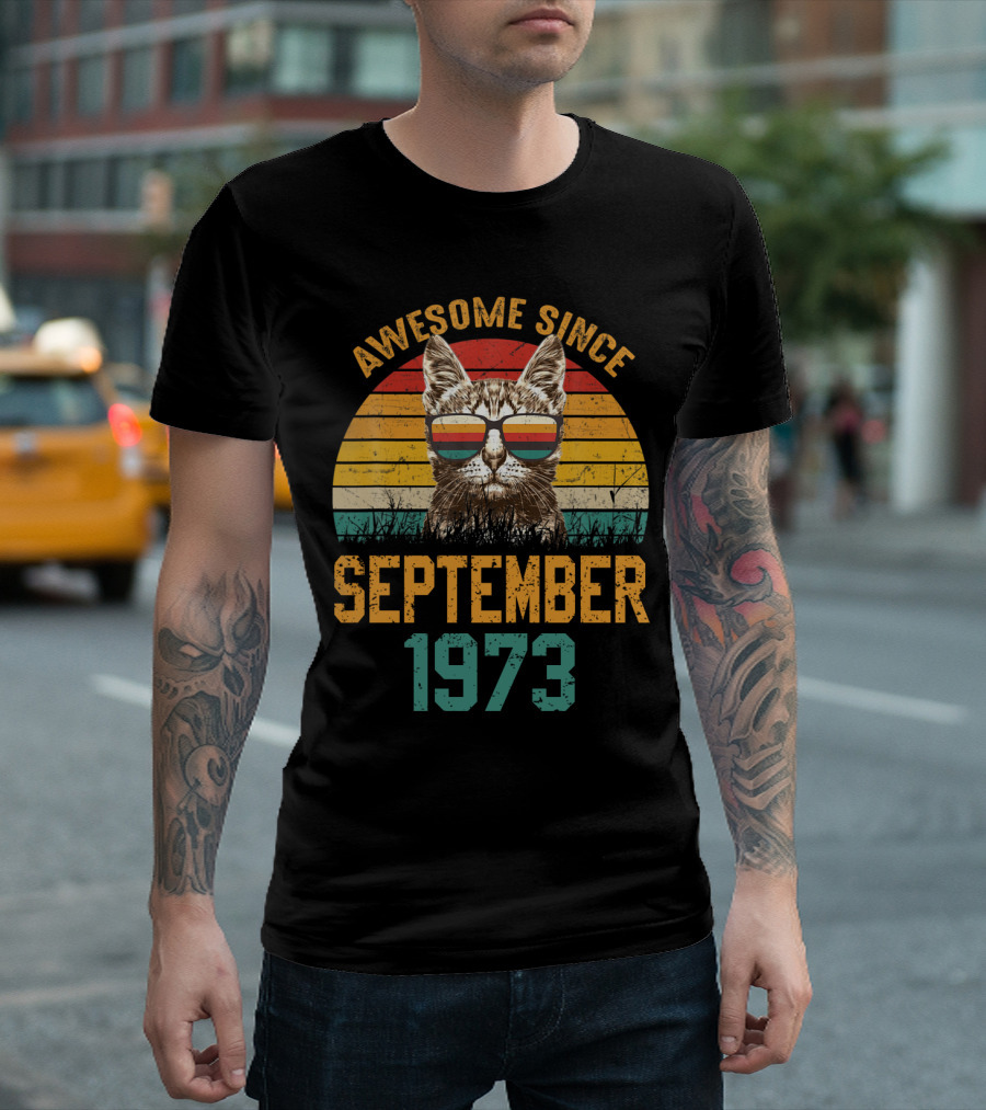 Awesome Since September 1973 Retro Cat in Sunglasses Stripes T-Shirt