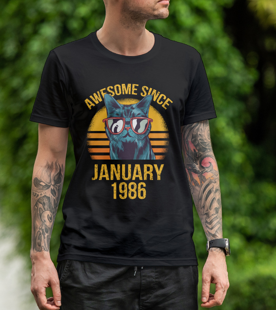 Awesome Since January 1986 Cat With Sunglasses Retro 80s T-Shirt