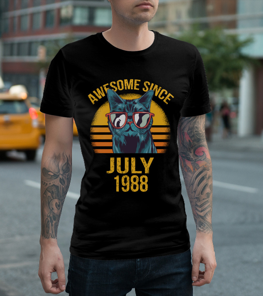 Awesome Cat Dad Since July 1988 with Retro Sunglasses Cat T-Shirt