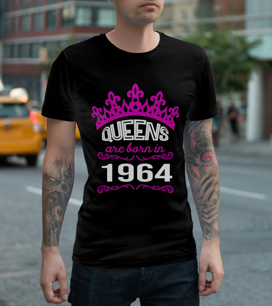 Queens Are Born in 1964 with Pink Crown Motif T-Shirt