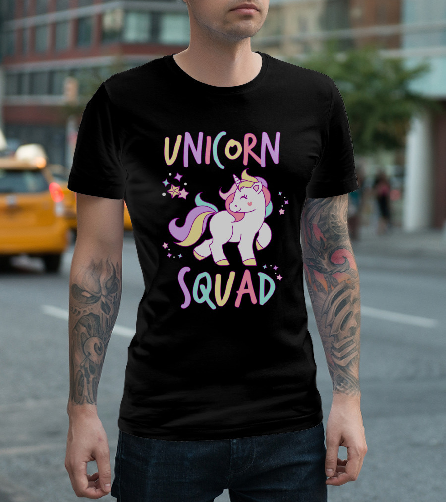 Unicorn Squad Colorful Cartoon Style with Stars and Rainbow Mane T-Shirt