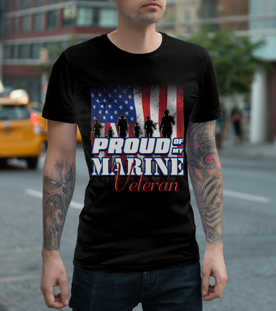 PROUD OF MY MARINE VETERAN American Flag T-Shirt