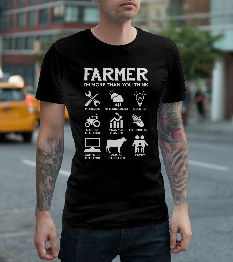 Farmer More Than You Think Mechanic Meteorologist Scientist Machine Operator Financial Planner Agronomist Computer Operator Animal Caretaker Family T-