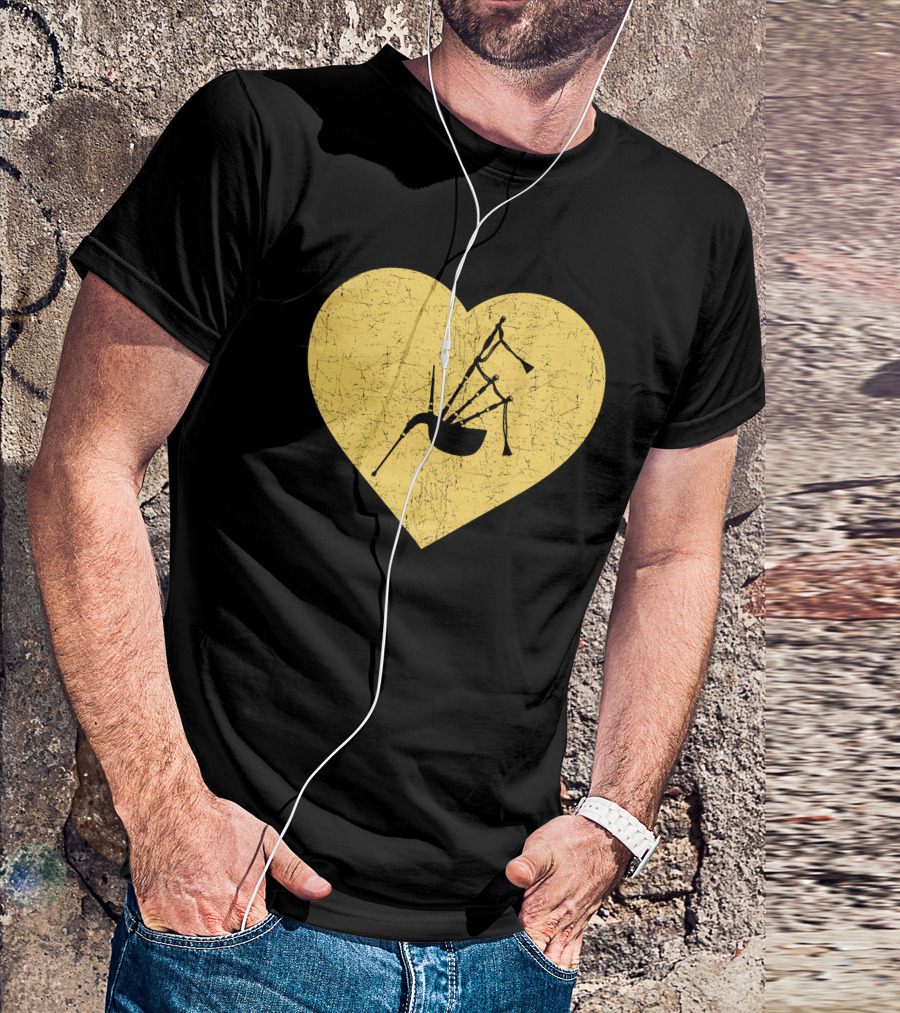 I Love Bagpipe Heart Funny Marching Band Jazz Iconic Instrument In Yellow Heart T-Shirt