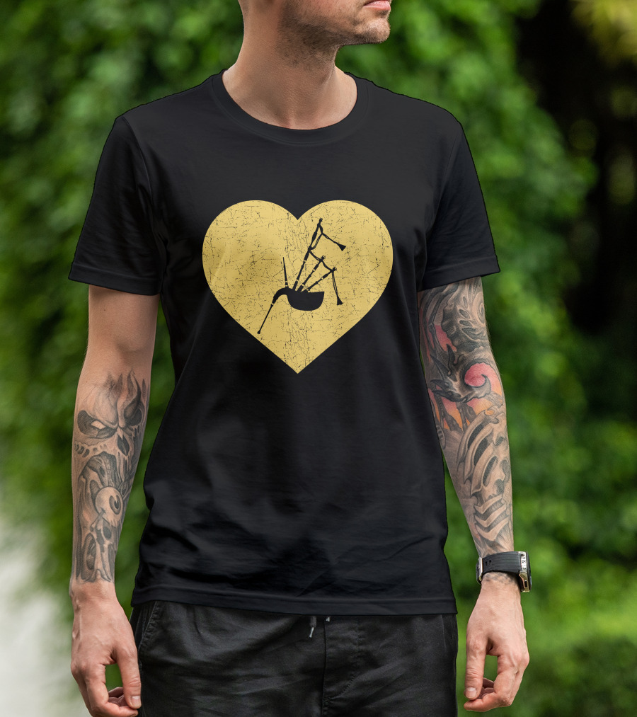 I Love Bagpipe Heart Funny Marching Band Jazz Iconic Instrument In Yellow Heart T-Shirt