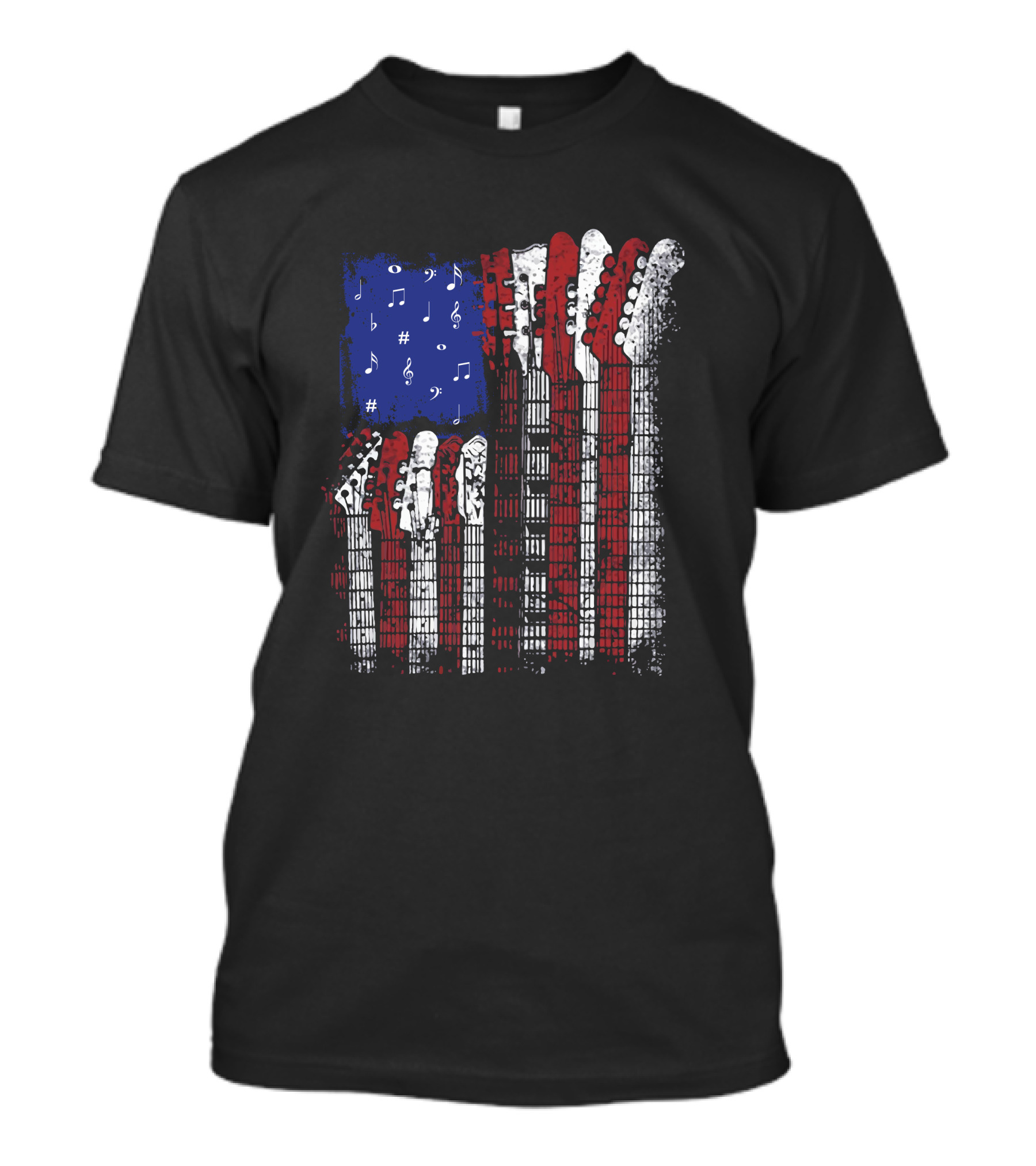 Men's Navy XL Guitar Heads In US Flag Design With Musical Notes Rock Playable T-Shirt