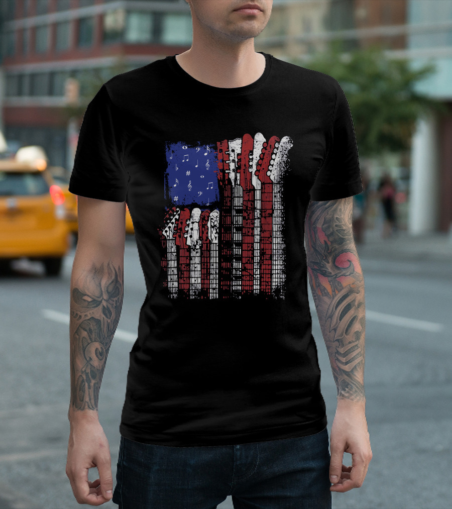 Men's Navy XL Guitar Heads In US Flag Design With Musical Notes Rock Playable T-Shirt