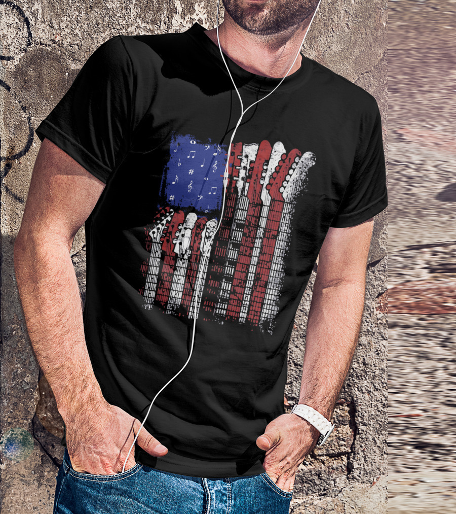 Men's Navy XL Guitar Heads In US Flag Design With Musical Notes Rock Playable T-Shirt