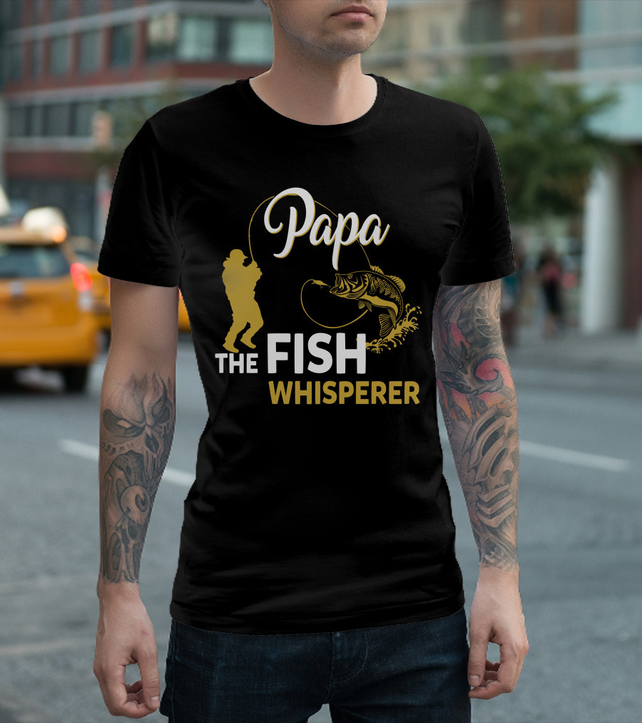 Papa The Fish Whisperer Fishing Silhouette With Hooked Fish T-Shirt