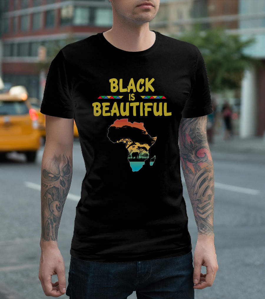 Black Is Beautiful African Pride Continent Silhouette With Wildlife And Tribal Motifs T-Shirt