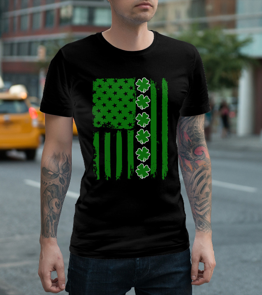 St. Patrick's Day Irish American Flag with Green Shamrocks T-Shirt