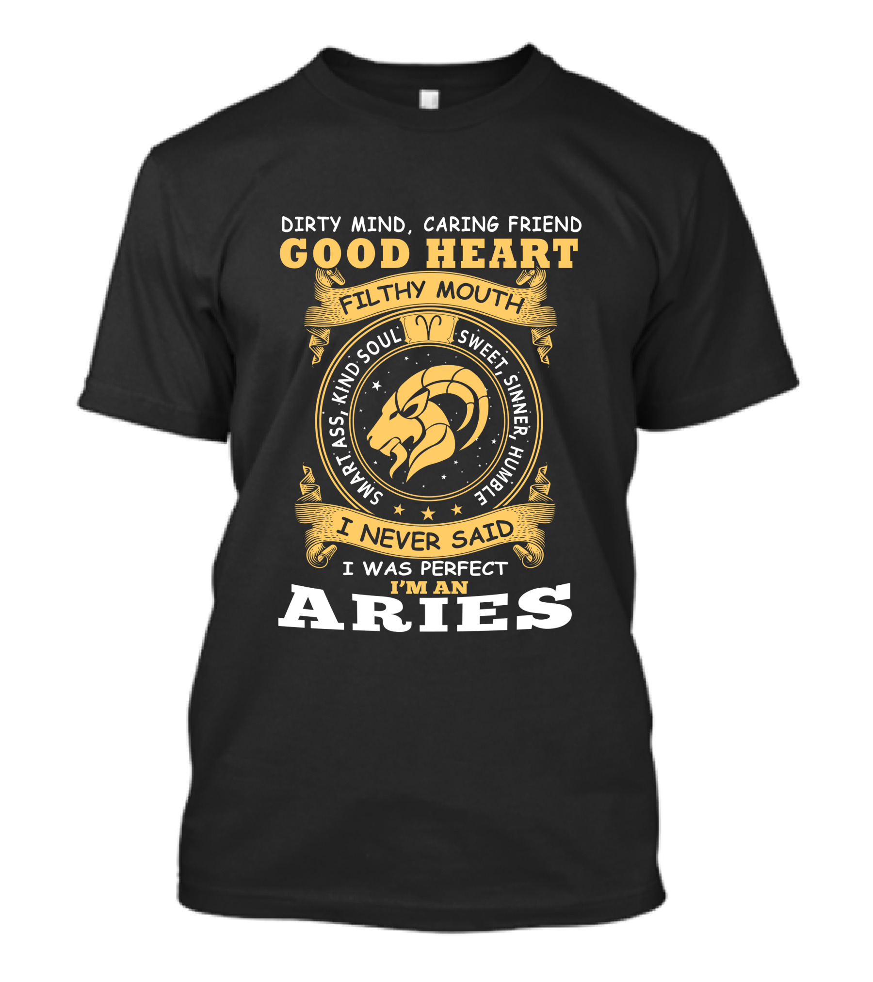 Dirty Mind Caring Friend Good Heart Filthy Mouth Sweet Sinner Humble I Never Said I Was Perfect I'm An Aries T-Shirt