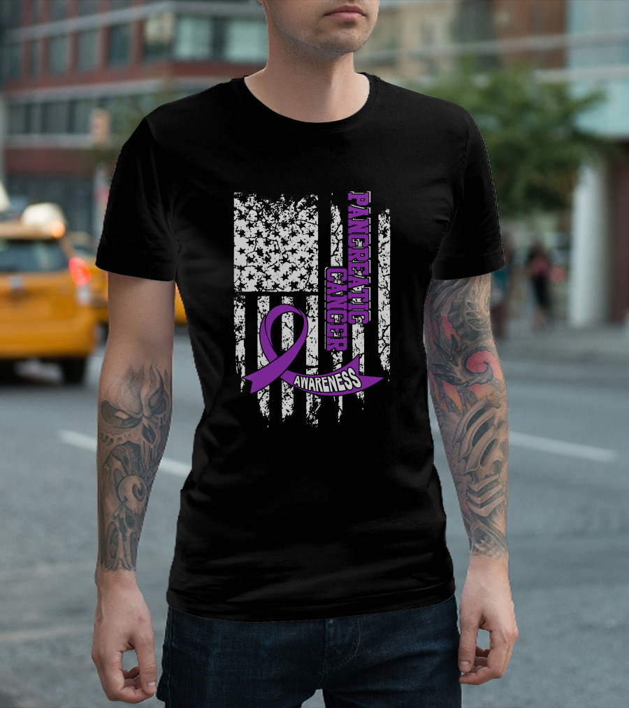 USA Flag Pancreatic Cancer Awareness Purple T-Shirt