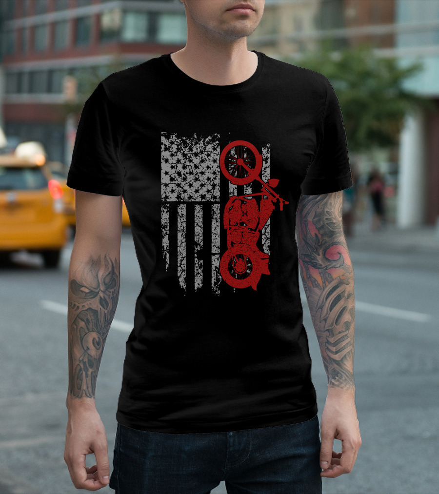 MOTORCYCLE American Flag Grunge Style with Red Bike T-Shirt