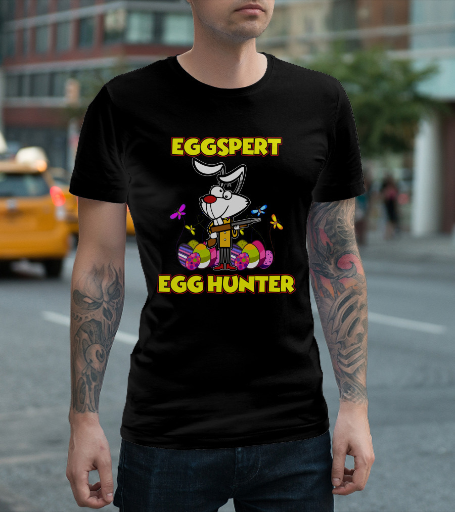 Eggspert Egg Hunter Easter Cool Bunny Surrounded by Colorful Eggs and Butterflies T-Shirt
