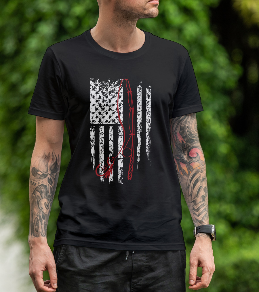 Fish Flag Distressed American Flag With Fishing Rod And Hook T-Shirt
