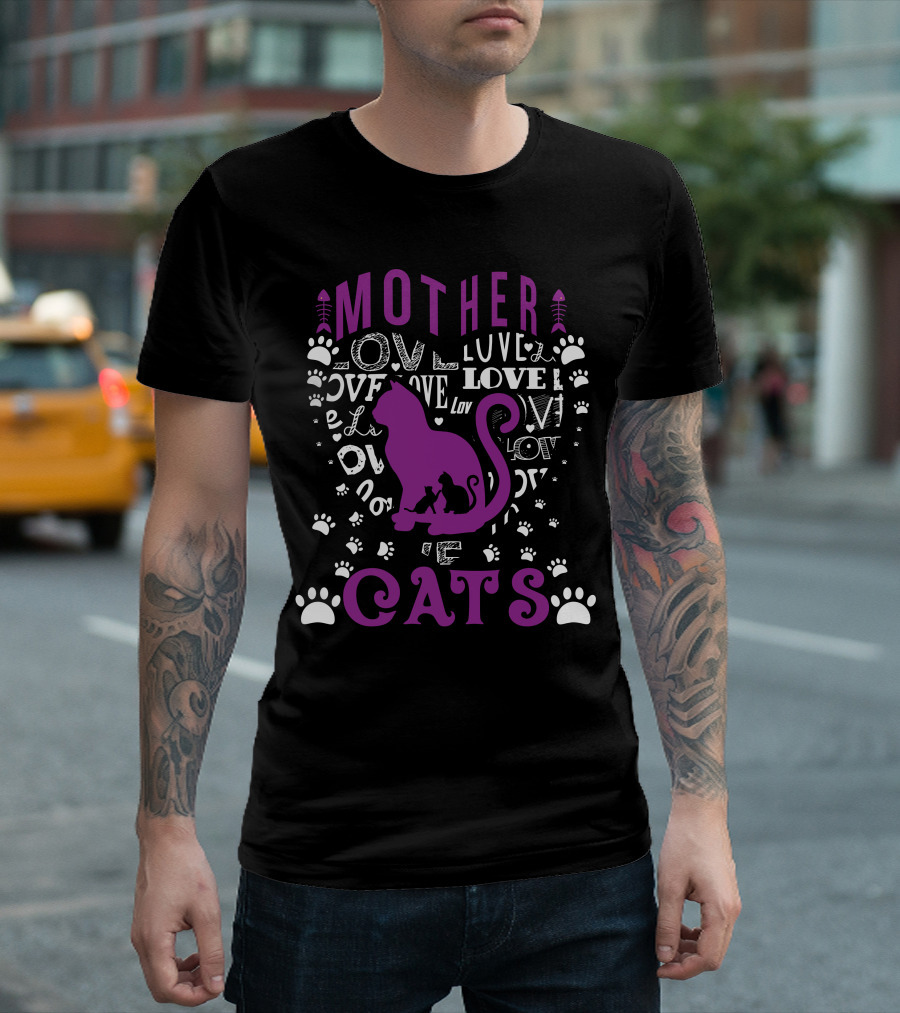 Love Mother Cats Paw Prints and Fish Bones T-Shirt