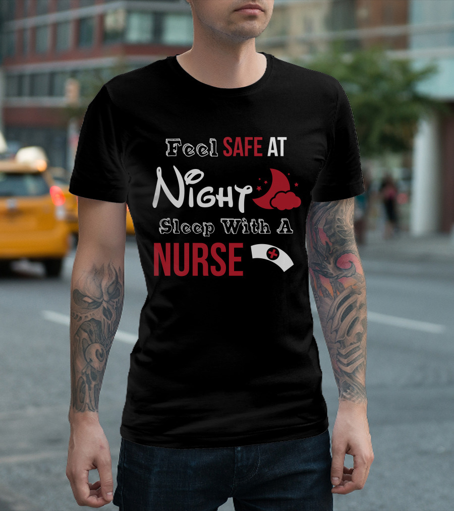 Feel Safe At Night Sleep With A Nurse Nurse Hat Moon Stars T-Shirt