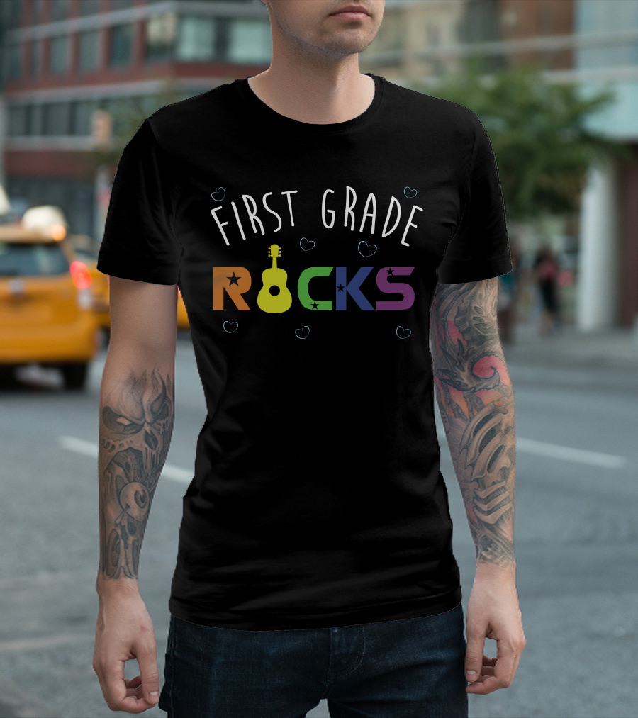 First Grade Rocks Guitar Heart Icons Colorful Letters T-Shirt