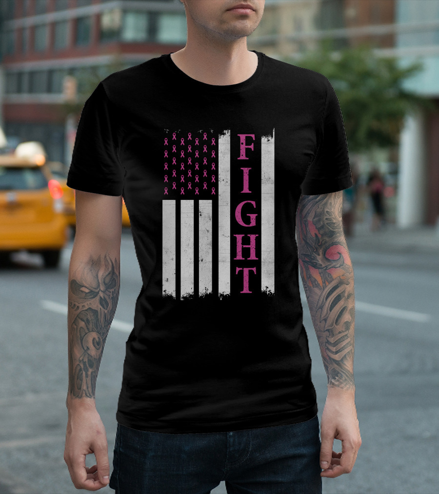 American Flag Fight Ovarian Cancer Awareness Pink Ribbon Stripes T-Shirt